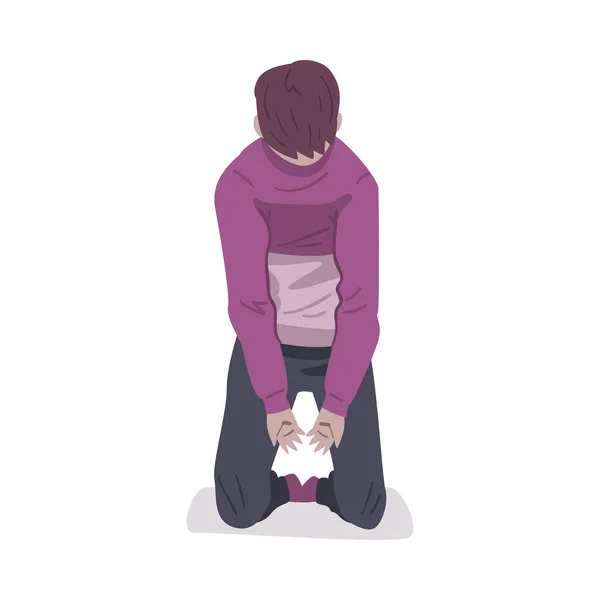 Θλιβερό αγόρι κάθεται στο πάτωμα, Guy Naving προβλήματα ψυχικής υγείας, Ψυχολογική διαταραχή έννοια Γελοιογραφία στυλ εικονογράφηση διάνυσμα — Διανυσματικό Αρχείο