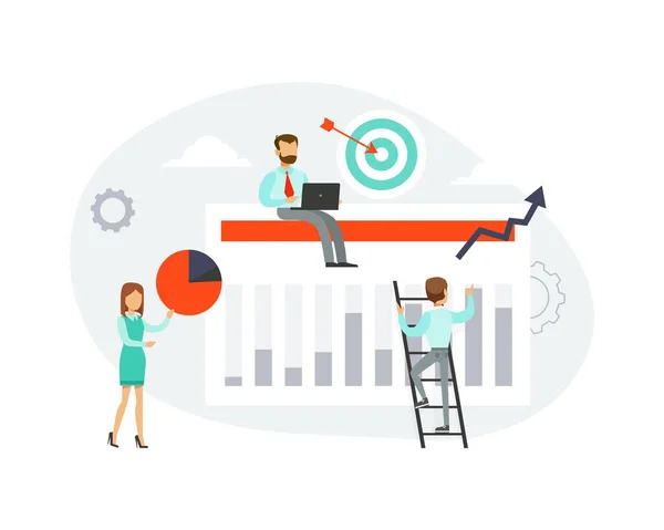 Team van Tiny Business People Doen Marketing van Financieel Onderzoek, Grafiek analyseren, Planning, Commando Succes Strategie Flat Style Vector Illustratie — Stockvector