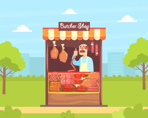 Butcher Shop, Mężczyzna Rolnik Sprzedawanie produktów mięsnych Wektor Ilustracja — Wektor stockowy