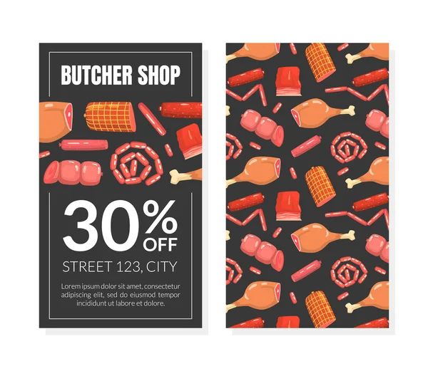肉屋のカードテンプレート、フライヤー、新鮮な肉製品とポスターパターンベクトルイラスト — ストックベクタ