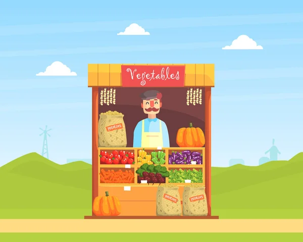 Vegetales Local Farmer Market con productos orgánicos naturales frescos en contador, tienda de la calle, vendedor masculino venta de verduras frescas Vector Ilustración — Vector de stock