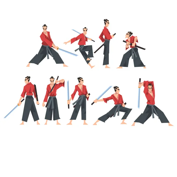 Japanische Samurai tragen roten Karate-Anzug und halten Katana Vector Illustration Set — Stockvektor