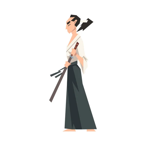 Samurai personaggio indossando Hakama e tenendo giapponese spada vettoriale illustrazione — Vettoriale Stock