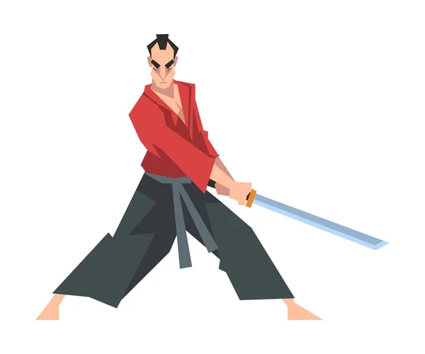 Samurai Jepang Mengenakan Baju Karate Merah dan Memegang Ilustrasi Vektor Katana - Stok Vektor