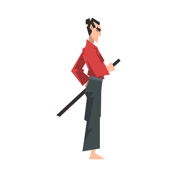 Japanische Samurai tragen roten Karate-Anzug und halten Katana Vector Illustration — Stockvektor