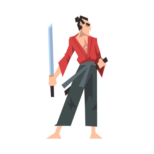 Japanische Samurai tragen roten Karate-Anzug und halten Katana Vector Illustration — Stockvektor