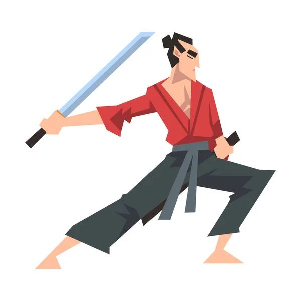 Japanische Samurai tragen roten Karate-Anzug und halten Katana Vector Illustration — Stockvektor