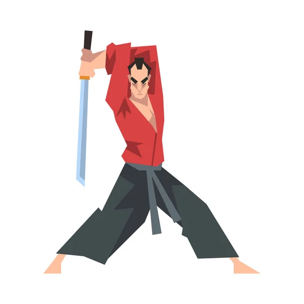 Japanische Samurai tragen roten Karate-Anzug und halten Katana Vector Illustration — Stockvektor