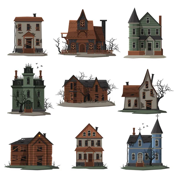 Scary Houses Collection, Απόκριες Στοιχειωμένο Μάνσιονς με Boarded Up Windows Vector Εικονογράφηση σε λευκό φόντο — Διανυσματικό Αρχείο