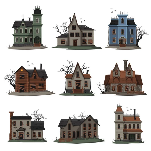 Colección de casas abandonadas aterradoras, mansiones embrujadas de Halloween con ventanas tapiadas, árboles espeluznantes y pájaros volando alrededor de la ilustración vectorial — Vector de stock