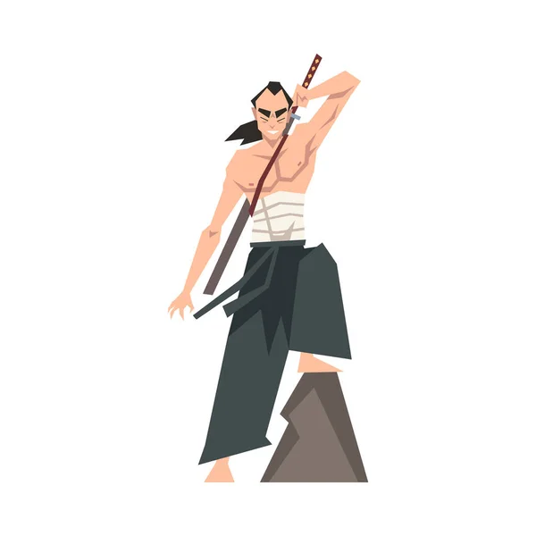Warrior Man Jepang pemberani dengan Katana dan Hakama Vector Illustration Grafik Vektor