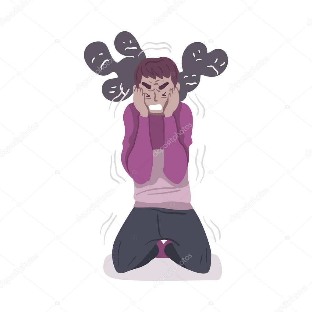 Guy in Depressive State of Mind, Mental Health Problems, Psychological Disorder Concept Cartoon Style Vector Illustratio