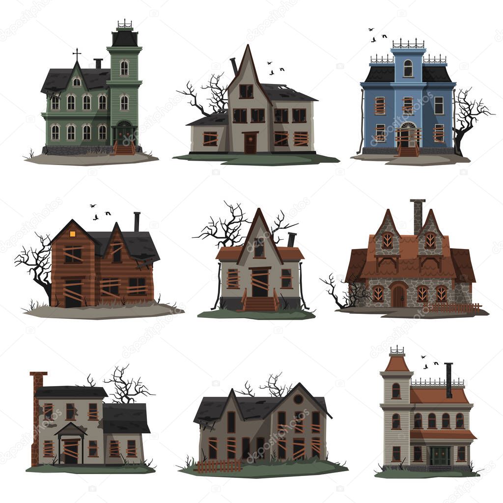 Scary Abandoned Houses Collection, Halloween Haunted Mansions with Boarded Up Windows, Creepy Trees and Birds Flying Around Vector Illustration