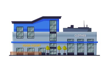 Alışveriş Merkezi Ticari Binası, Modern Perakende Mağazası veya Süpermarket, Şehir Mimarisi Tasarımı Flat Vektör İllüzyonu Cephesi