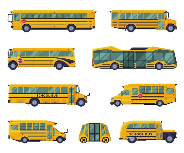 Conjunto de autobuses escolares amarillos, Concepto de regreso a la escuela, Vehículos de transporte de estudiantes, Ilustración de vectores de estilo plano con vista lateral — Vector de stock