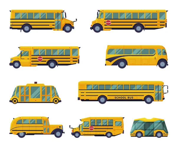 Sárga iskolabuszok készlet, Diákok Szállítás Modern és Vintage járművek Lapos vektor Illusztráció Elszigetelt fehér háttér — Stock Vector