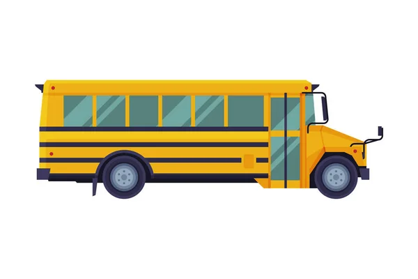 Yellow School Bus, Side View, Terug naar School Concept, Studenten Vervoer Voertuig Flat Vector Illustratie — Stockvector