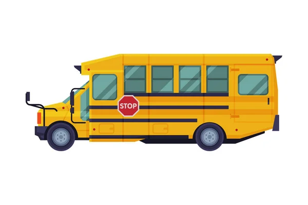 Autobus scolaire jaune, Vue latérale, Concept de retour à l'école, Illustration vectorielle de style plat de véhicule de transport rétro — Image vectorielle