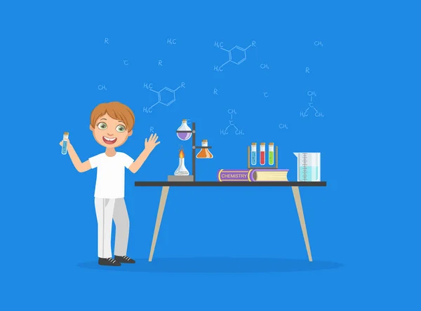 Jonge wetenschapper doet scheikunde Experimenten, Cute Boy Holding Test Tube Vector Illustratie — Stockvector