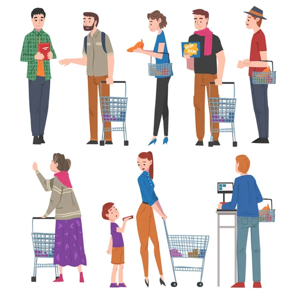 Persone con carrelli della spesa e set di cestini, uomini e donne che fanno shopping al centro commerciale o al supermercato stile cartone animato Vector Illustrazione su sfondo bianco — Vettoriale Stock