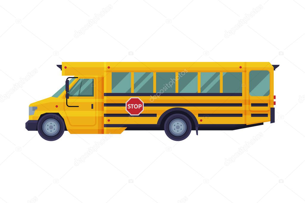 Yellow School Bus, Side View, School Students Transportation Vehicle Flat Style Vector Illustration