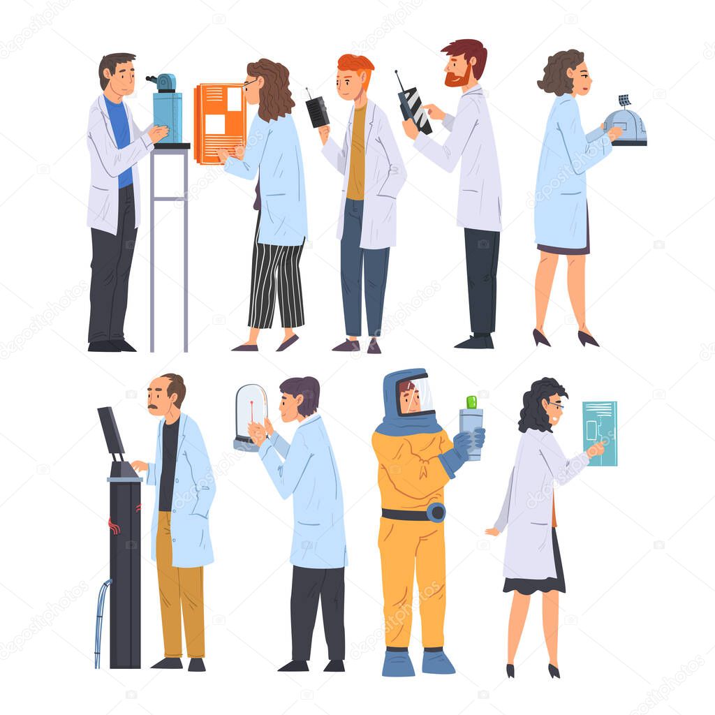 Scientists in Lab Set, Men and Women in White Coats Doing Medical, Physical, Chemical Researches with Laboratory Equipment Vector Illustration on White Background