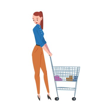 Alışveriş Arabalı Genç Kadın, Moda Giyimli Kız Alışveriş Merkezi 'nde Alışveriş Yapıyor Ya da Beyaz Arkaplanda Çizgi Film Tarzı Vektör İllüstrasyonu