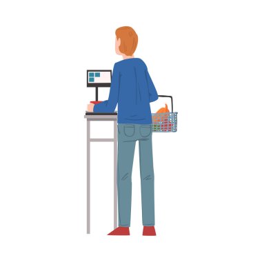 Man Weighig Ürünleri Elektronik Ölçeklerde, Guy Alışveriş Merkezi 'nde Alışveriş Yapıyor veya Süpermarket Tarzı Vektör Resimleri Beyaz Arkaplanda