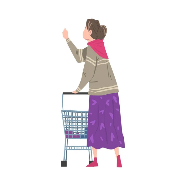 Femme âgée debout avec panier, vue arrière de la femme faisant du shopping au centre commercial ou au supermarché Illustration vectorielle de style bande dessinée sur fond blanc — Image vectorielle