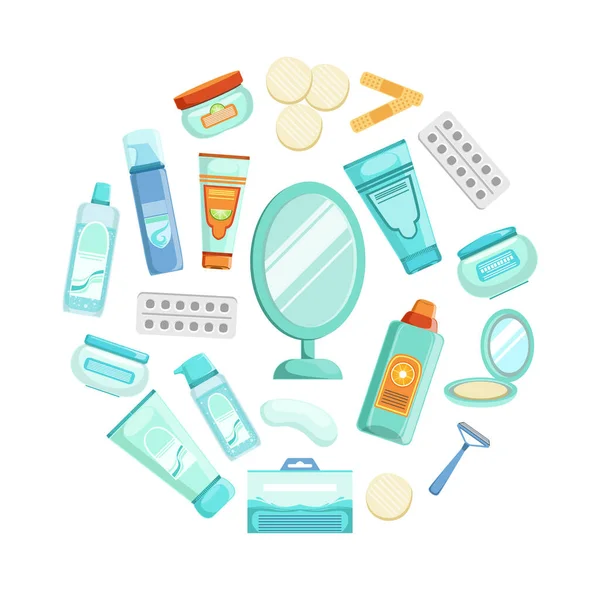 Beauty Cosmetic Products of Round Shape, Skin Care Objects Vector Illustration - Stok Vektor