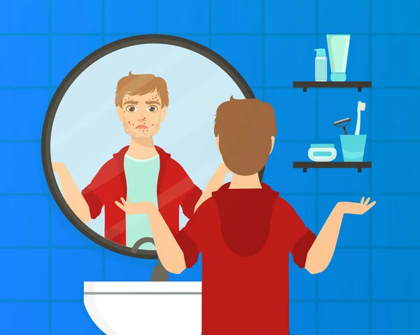 Tipo con problemas de piel mirándose a sí mismo en el espejo en el baño Vector Ilustración — Vector de stock