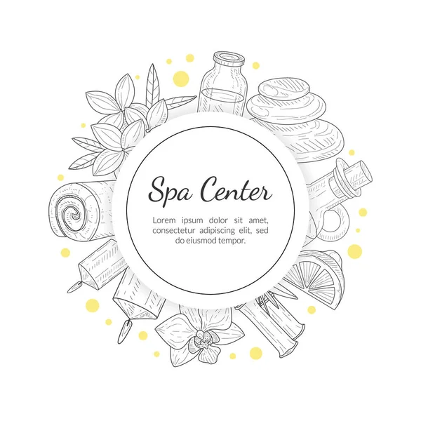 Plantilla de banner del centro de spa, cosméticos naturales orgánicos y accesorios de belleza, folleto, cupón, certificado, folleto promocional ilustración vectorial dibujada a mano — Vector de stock