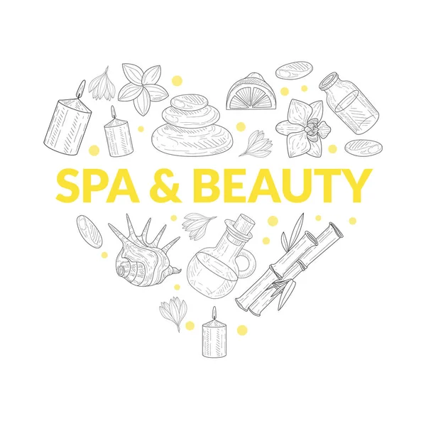 Spa and Beauty Banner Template, Organic Natural Cosmetics and Beauty Accessories of Heart Shape, Flyer, Coupon, Certificate, Promotional Leaflet Hand Drawn Vector Illustration — Stock Vector