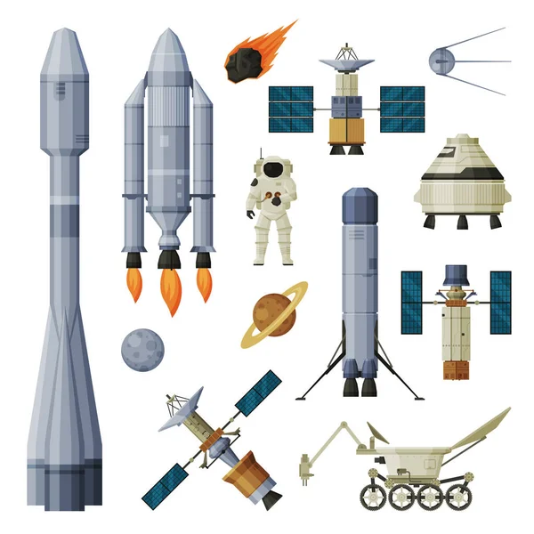 Astronaut, vesmírné objekty a kosmos Exploration Equipment Collection, Astronautics and Space Technology Theme Flat Vector Illustration on White Background — Stockový vektor