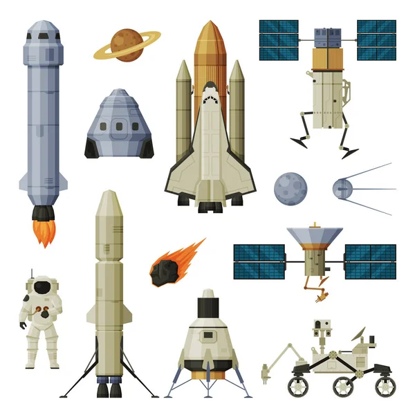 Kosmické objekty a kosmos Exploration Equipment Collection, Astronautics and Space Technology Theme Flat Vector Illustration — Stockový vektor