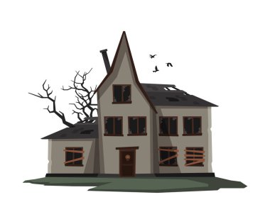 Pencereler ve Kuşlar Uçuşan Korkunç Ev, Cadılar Bayramı Lanetli Kulübe Vektör İllüstrasyonu