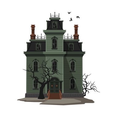 Korkunç Gotik Ev, Cadılar Bayramı Perili Konak Beyaz Arkaplanda Kuşlar Vector Illustration etrafında uçuyor