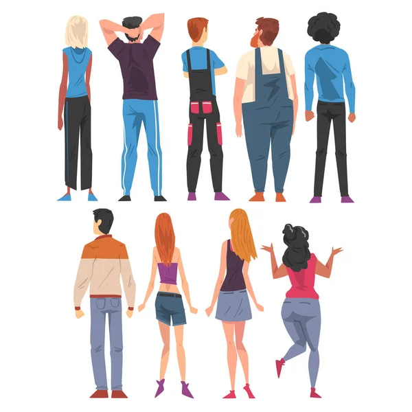 Back View of Young People Set, Guys and Girls Viewed from Behind Wearing Casual Clothes and Looking at Something Cartoon Style Vector Illustration — Stockový vektor