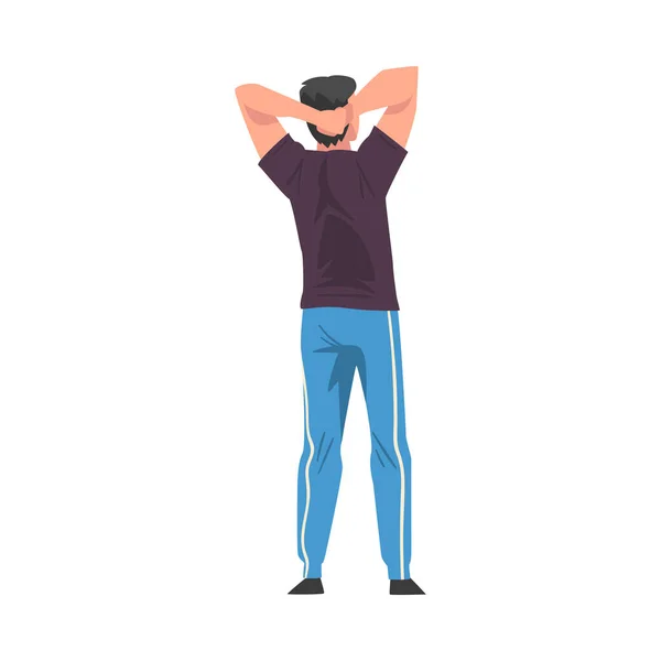 Zadní pohled na Guye, Mladý muž zobrazen zezadu nošení ležérní oblečení stojící s rukama za hlavou karikatura styl vektorové ilustrace — Stockový vektor