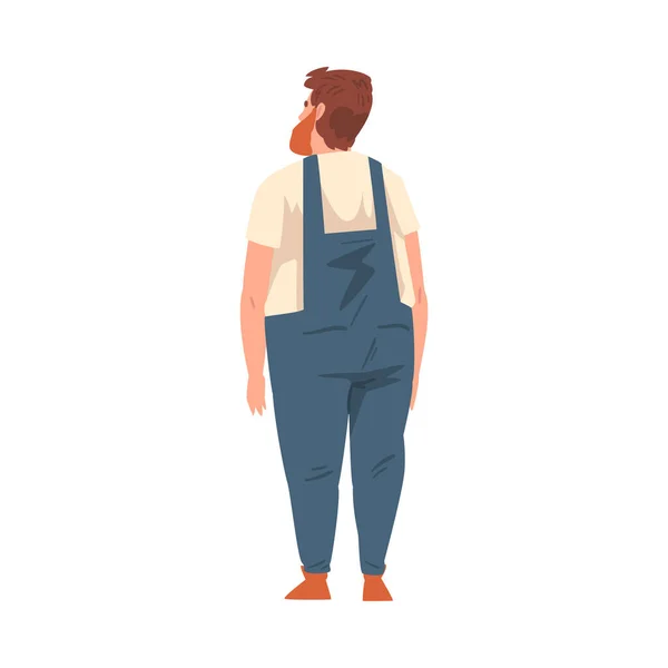 Back View of fat Overweight Guy, Young Man Viewed from Behind Wearing Casual Clothes and Looking at Something Cartoon Style Vector Illustration — 스톡 벡터