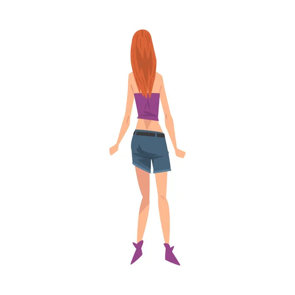 Vista posterior de la muchacha, mujer joven vista desde atrás usando camiseta sin mangas y pantalones cortos estilo de dibujos animados Vector Ilustración — Archivo Imágenes Vectoriales