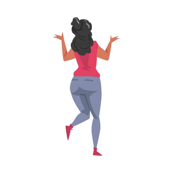 Back View of Plump Girl, Young Woman Viewed from Behind Wearing Casual Clothes and Looking at Something Cartoon Style Vector Illustration — 스톡 벡터