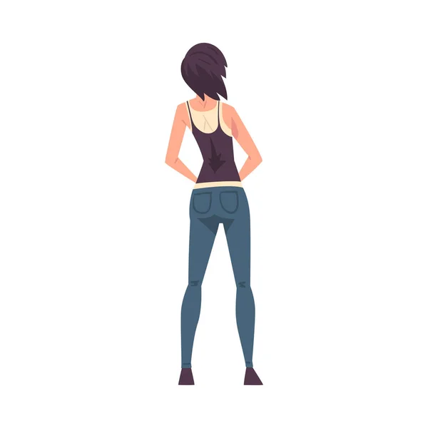 Vue arrière de Slim Brunette Girl, Jeune femme vue de derrière portant débardeur et jeans et regardant quelque chose Illustration vectorielle de style dessin animé — Image vectorielle