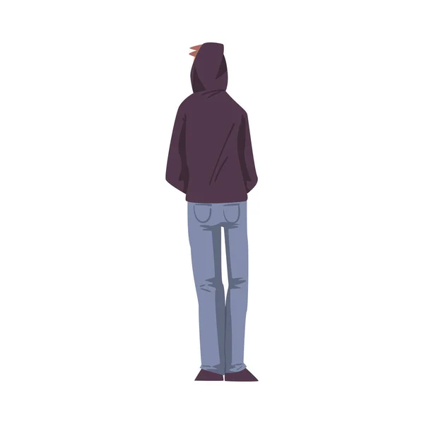 Back View of Guy in Hood, Teenage Boy Viewed from Behind Wearing Casual Clothes Standing with Hands in his Pockets Cartoon Style Vector Illustration — 스톡 벡터