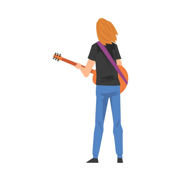 Powrót Widok męskiego muzyka postać gra na gitarze, Młody człowiek oglądane z tyłu noszenie ubrań dorywczo z instrumentu muzycznego styl wektorowy ilustracji — Wektor stockowy