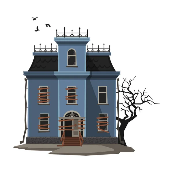 Abandoned Majestic Mansion with Creepy Tree and Birds Flying Around, Halloween Haunted House Vector Illustration — Stock Vector