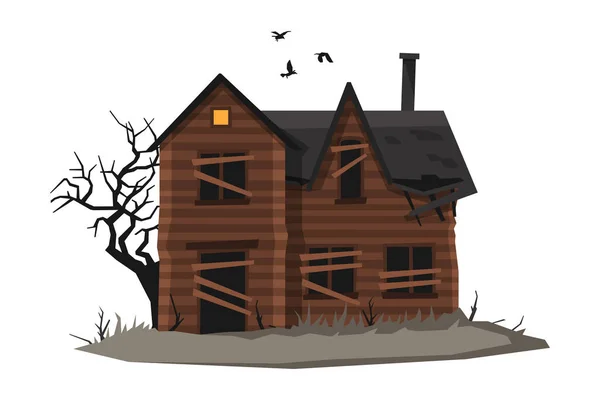 Casa de madera abandonada aterradora con ventanas tapiadas y pájaros volando, Halloween Haunted Cottage Vector Illustration on White Background — Archivo Imágenes Vectoriales
