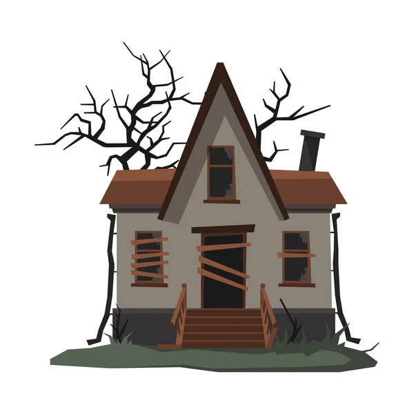 Casa abandonada de miedo con ventanas tapiadas, Halloween embrujada pequeña cabaña Vector ilustración sobre fondo blanco — Archivo Imágenes Vectoriales