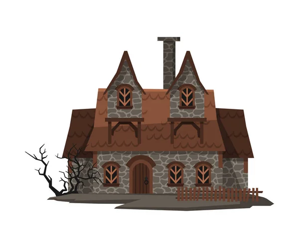 Scary Εγκαταλελειμμένο σπίτι, Απόκριες Στοιχειωμένο Cottage με Boarded Up Windows Vector Εικονογράφηση σε λευκό φόντο — Διανυσματικό Αρχείο