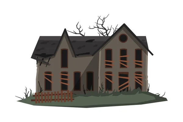 Scary Mansion, Edificio abandonado de dos pisos con ventanas tapiadas Ilustración vectorial sobre fondo blanco — Vector de stock